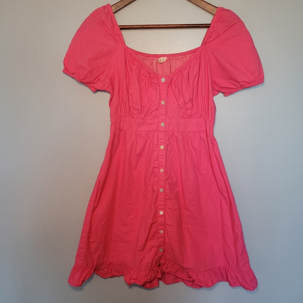 Sim & Sam Poplin Puff Sleeve Square Neck Button Down Pink Dress Size M Cotton